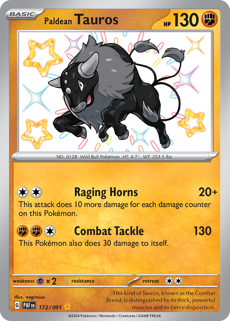 Paldean Tauros 172/091 from Paldean Fates (PAF) - Shiny Rare English Pokémon TCG single card