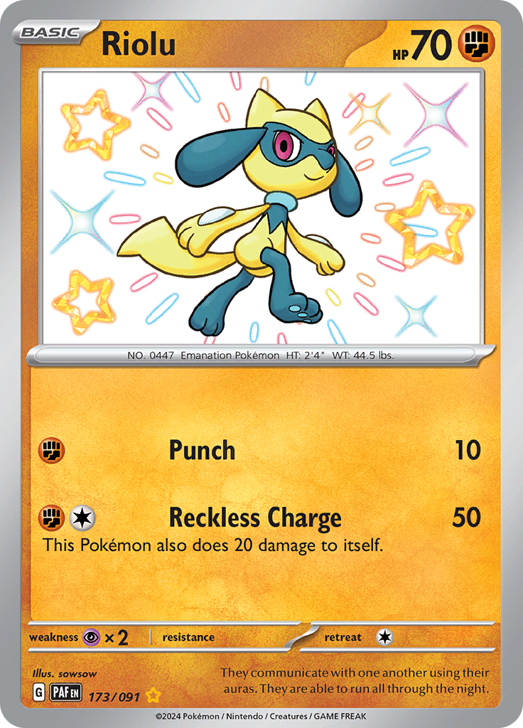 Riolu 173/091 from Paldean Fates (PAF) - Shiny Rare English Pokémon TCG single card