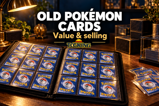 Blog cover about selling old Pokémon cards, showing a collector binder and sleeved cards.