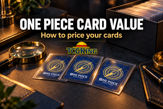 One Piece card value: three blue One Piece card backs with gold compasses and the TCGKing logo.
