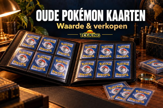 Blogcover over oude Pokémon kaarten verkopen, met een verzamelmap en kaarten in hoesjes.