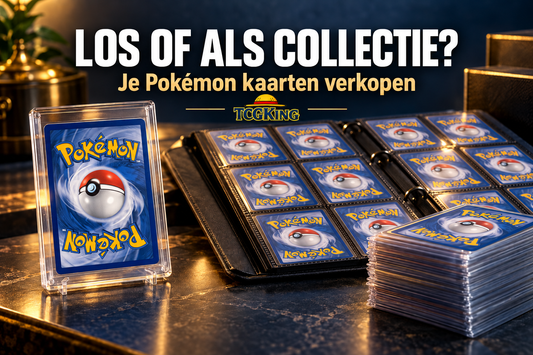 Blogcover over Pokémon kaarten los of als collectie verkopen, met één kaart naast een verzamelmap.
