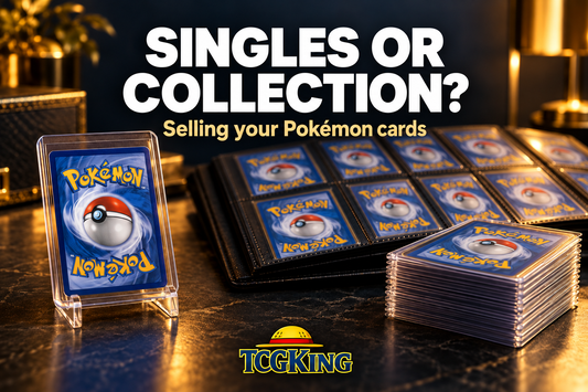 Blog cover about selling Pokémon singles or a collection, showing one card beside a binder.
