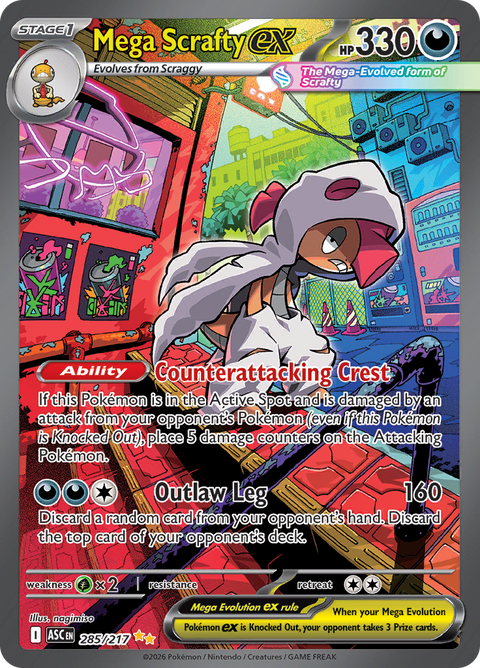 Mega Scrafty ex 285/217 from Ascended Heroes (ASC) - Special Illustration Rare English Pokémon TCG single card