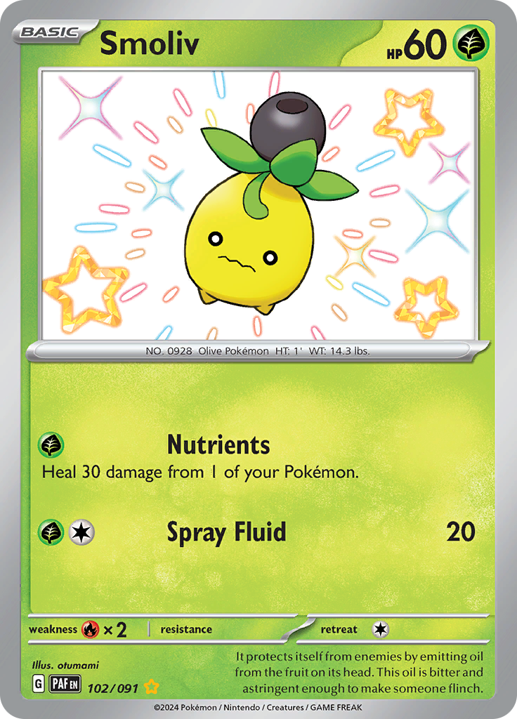 Smoliv 102/091 from Paldean Fates (PAF) - Shiny Rare English Pokémon TCG single card