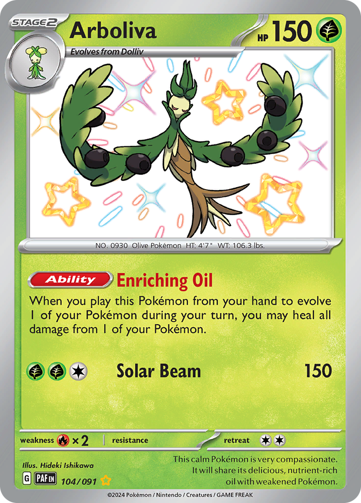 Arboliva 104/091 from Paldean Fates (PAF) - Shiny Rare English Pokémon TCG single card