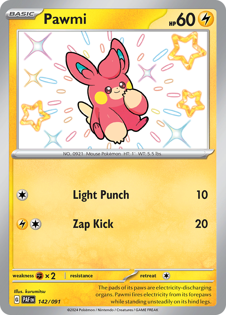 Pawmi 142/091 from Paldean Fates (PAF) - Shiny Rare English Pokémon TCG single card