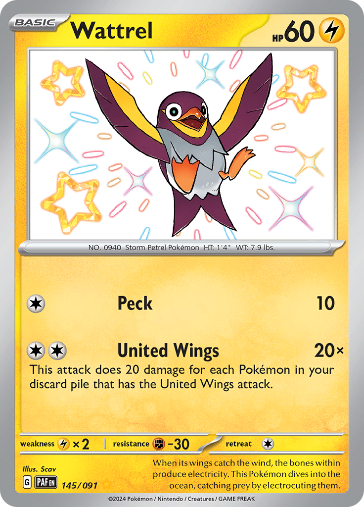 Wattrel 145/091 from Paldean Fates (PAF) - Shiny Rare English Pokémon TCG single card