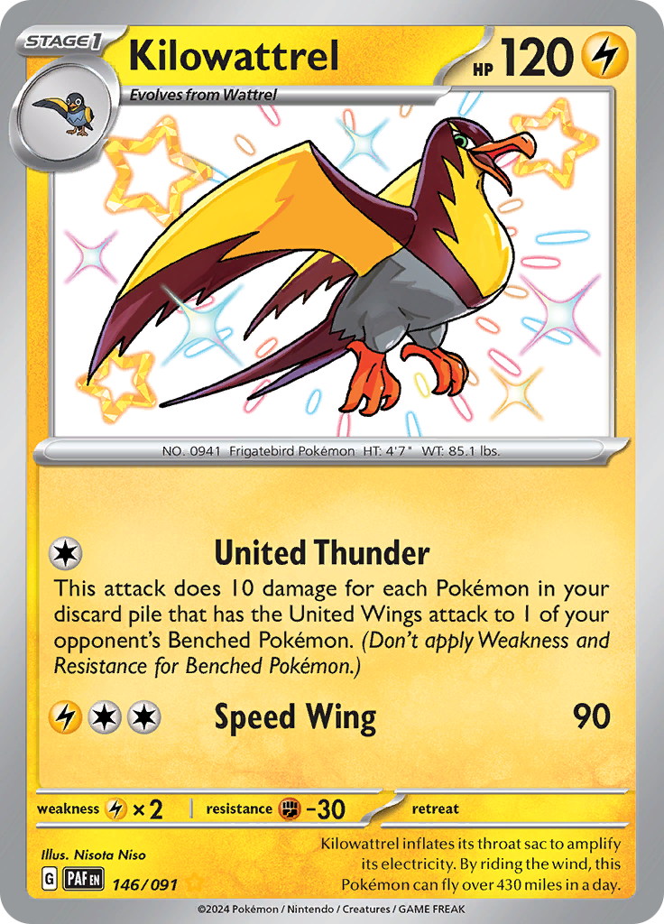 Kilowattrel 146/091 from Paldean Fates (PAF) - Shiny Rare English Pokémon TCG single card