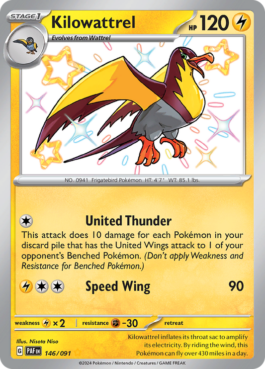 Kilowattrel 146/091 from Paldean Fates (PAF) - Shiny Rare English Pokémon TCG single card