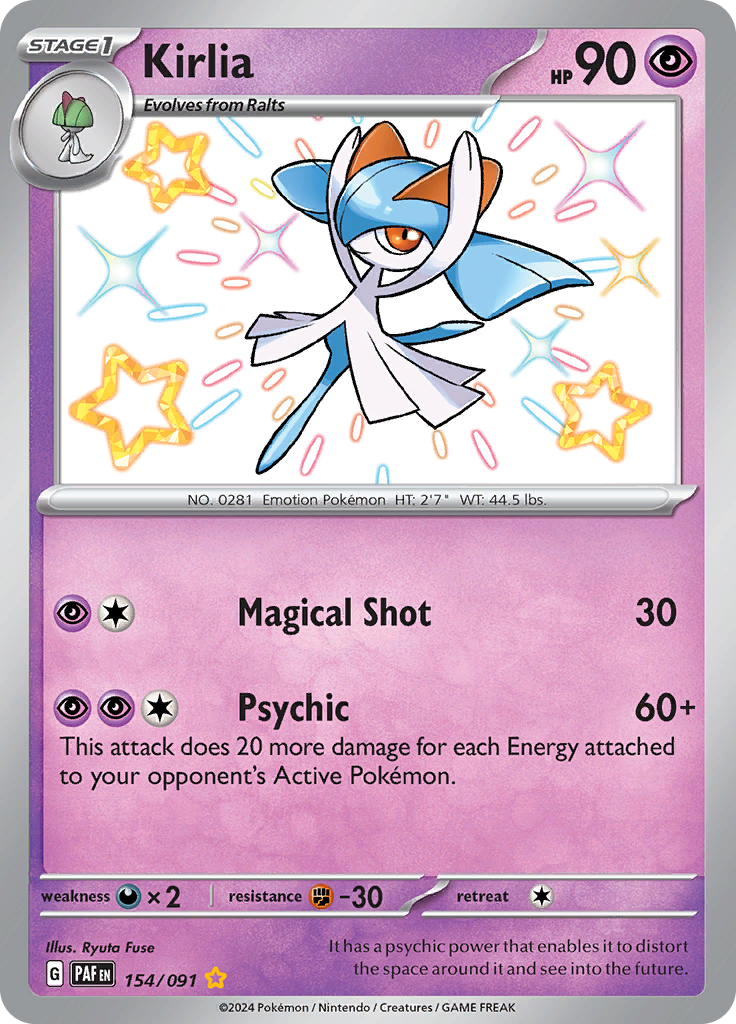 Kirlia 154/091 from Paldean Fates (PAF) - Shiny Rare English Pokémon TCG single card