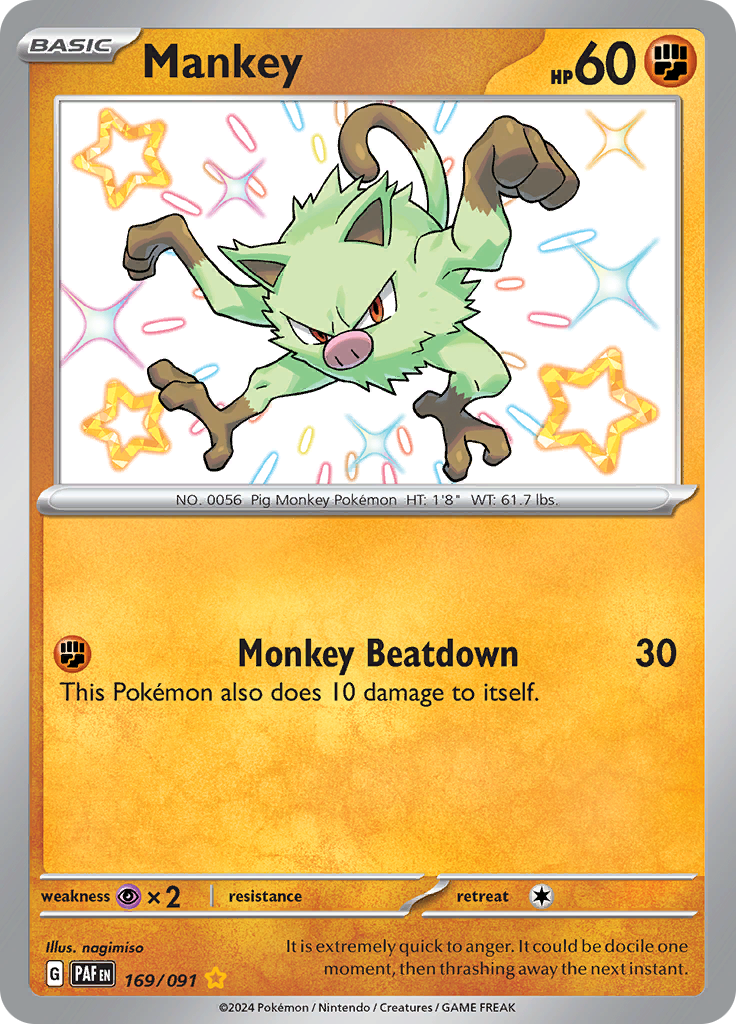 Mankey 169/091 from Paldean Fates (PAF) - Shiny Rare English Pokémon TCG single card