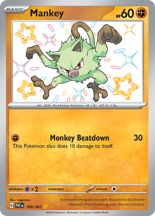 Mankey 169/091 from Paldean Fates (PAF) - Shiny Rare English Pokémon TCG single card