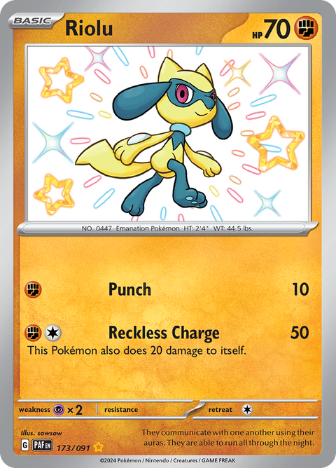 Riolu 173/091 from Paldean Fates (PAF) - Shiny Rare English Pokémon TCG single card