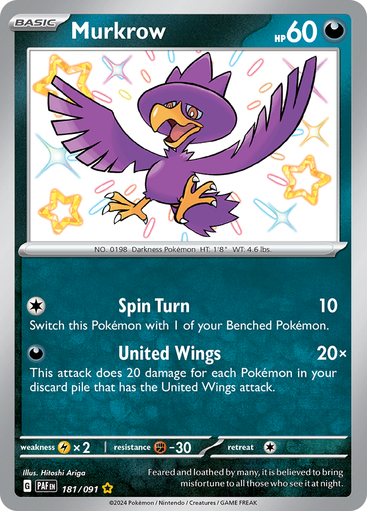 Murkrow 181/091 from Paldean Fates (PAF) - Shiny Rare English Pokémon TCG single card