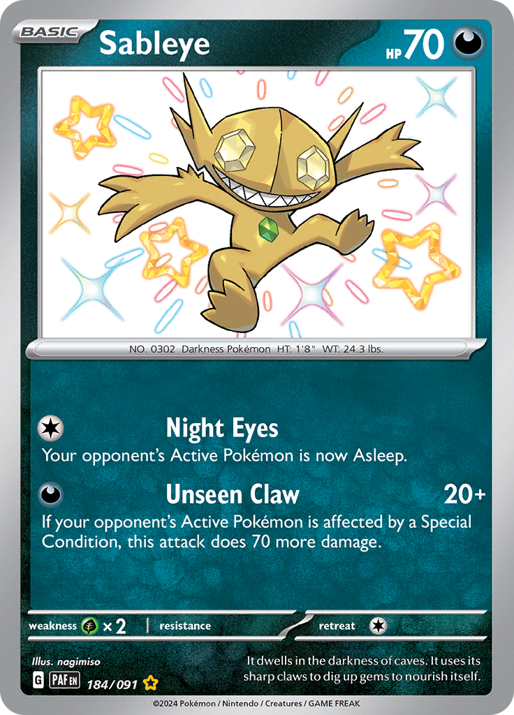 Sableye 184/091 from Paldean Fates (PAF) - Shiny Rare English Pokémon TCG single card