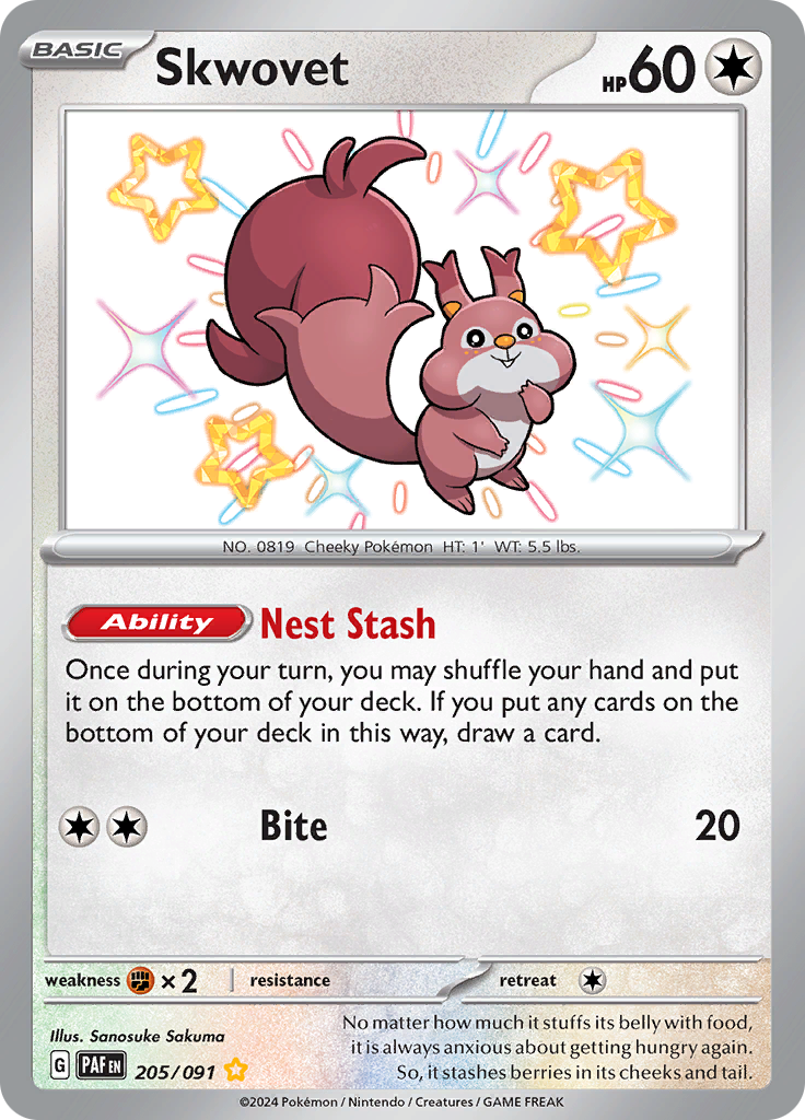 Skwovet 205/091 from Paldean Fates (PAF) - Shiny Rare English Pokémon TCG single card