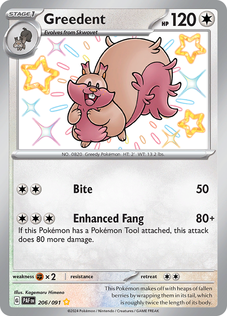 Greedent 206/091 from Paldean Fates (PAF) - Shiny Rare English Pokémon TCG single card