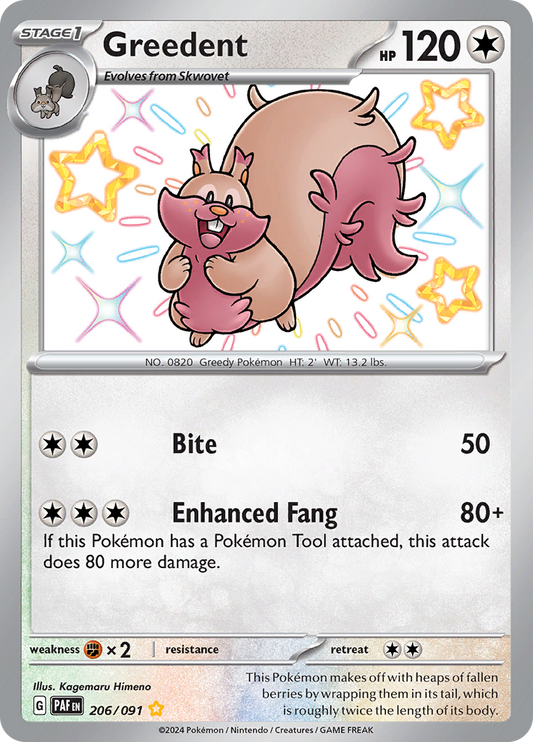 Greedent 206/091 from Paldean Fates (PAF) - Shiny Rare English Pokémon TCG single card