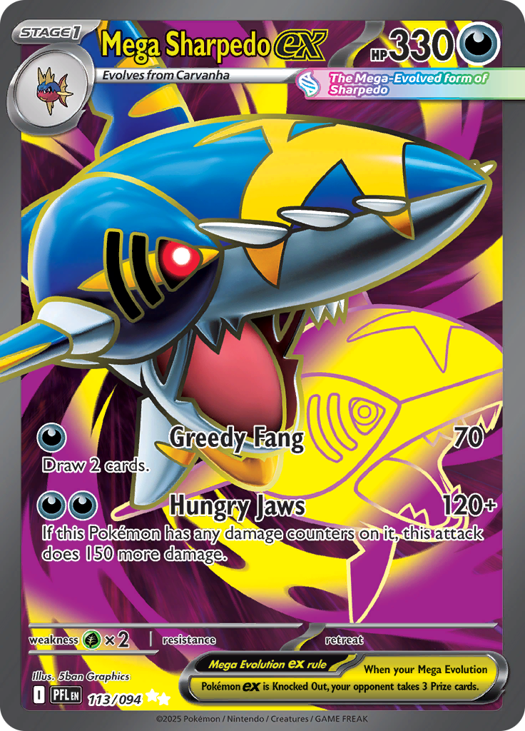 Mega Sharpedo ex 113/094 from Phantasmal Flames (PFL) - Ultra Rare English Pokémon TCG single card