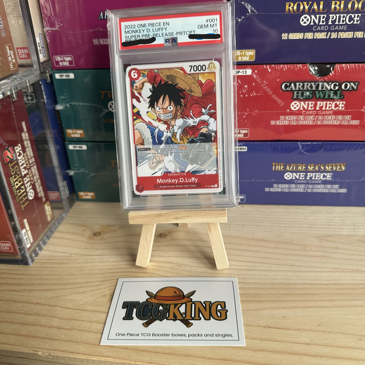 Monkey D. Luffy P-001 Super Pre-Release One Piece card graded PSA 10, front view