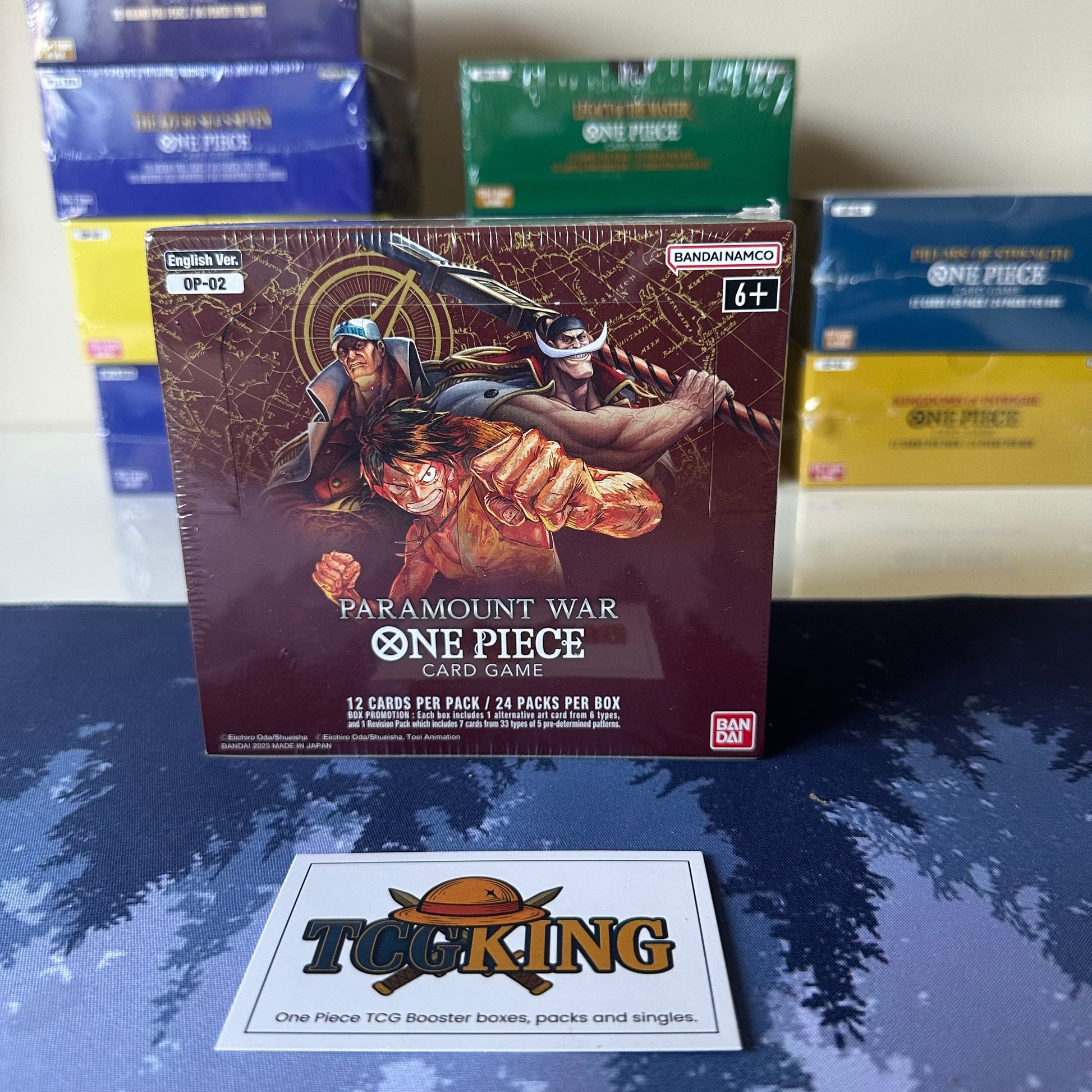 One Piece OP02 Paramount War English booster box, angled front view