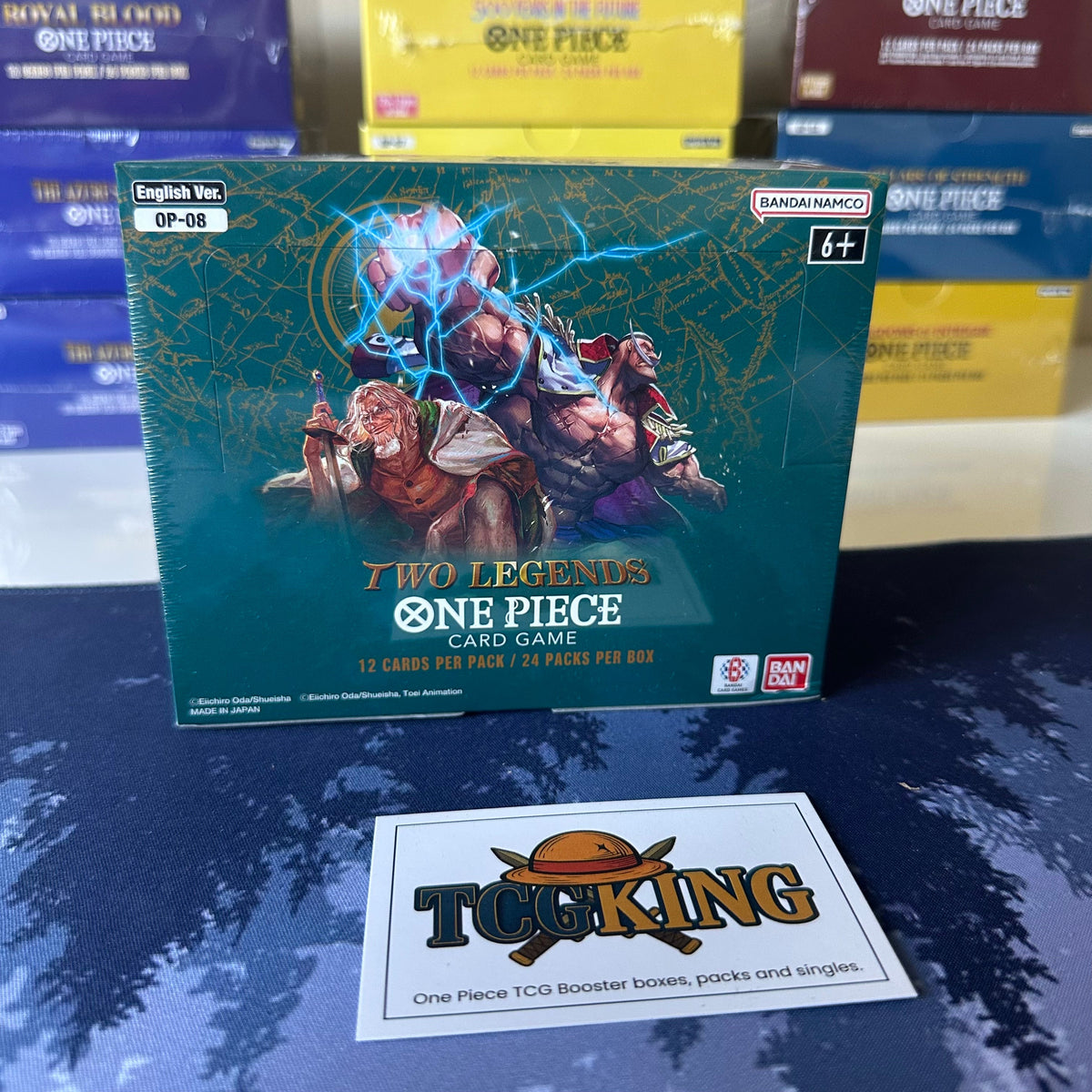 One Piece OP08 Two Legends English booster box, angled front view