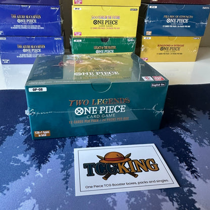 One Piece OP08 Two Legends English booster box, top and side view
