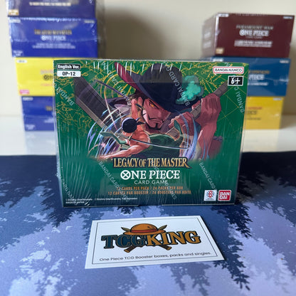 One Piece OP12 Legacy of the Masters English booster box, angled front view
