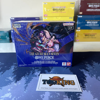 One Piece OP14-EB04 The Azure Sea's Seven English booster box, angled front view